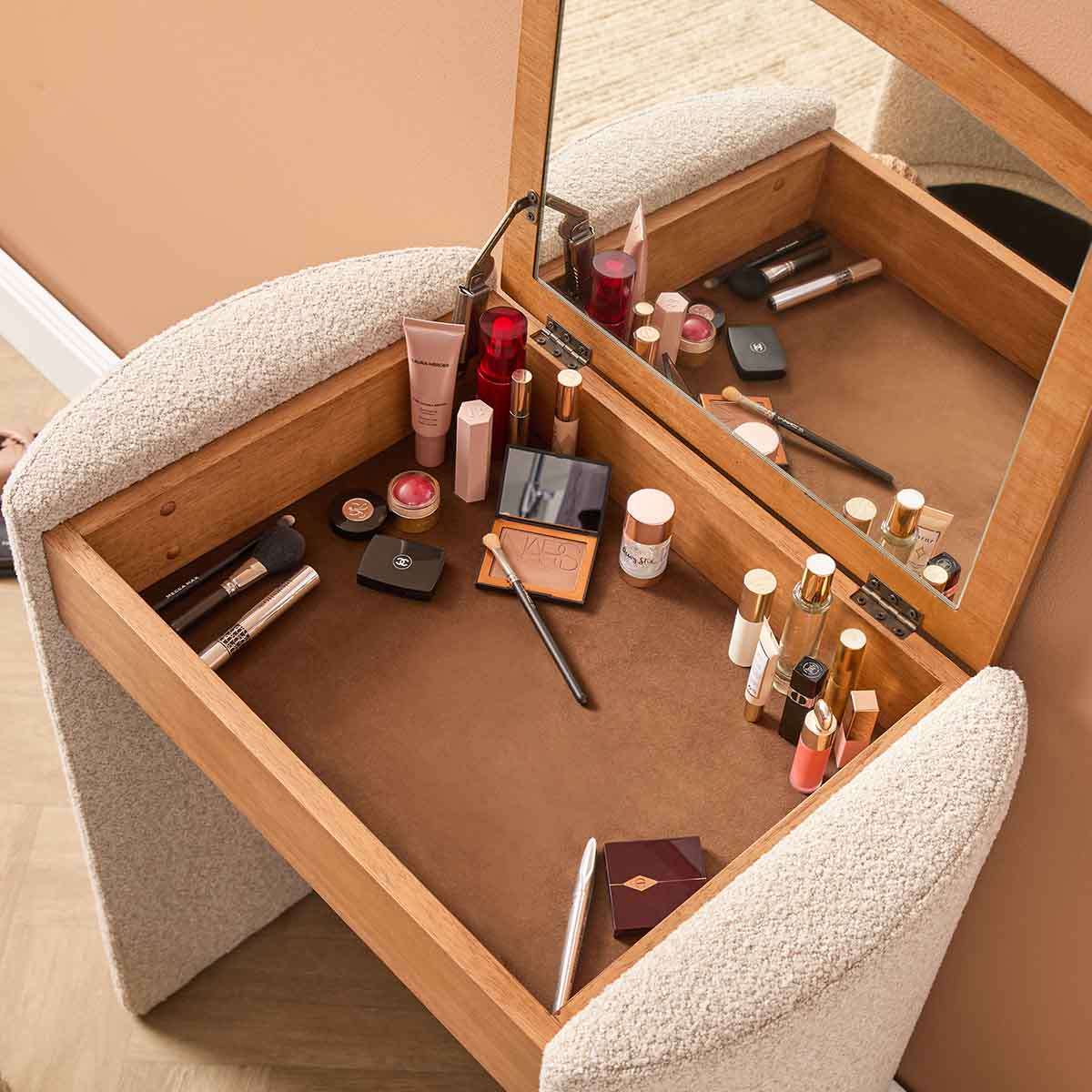 Hailey Makeup Table and Storage Stool - Cream/Walnut