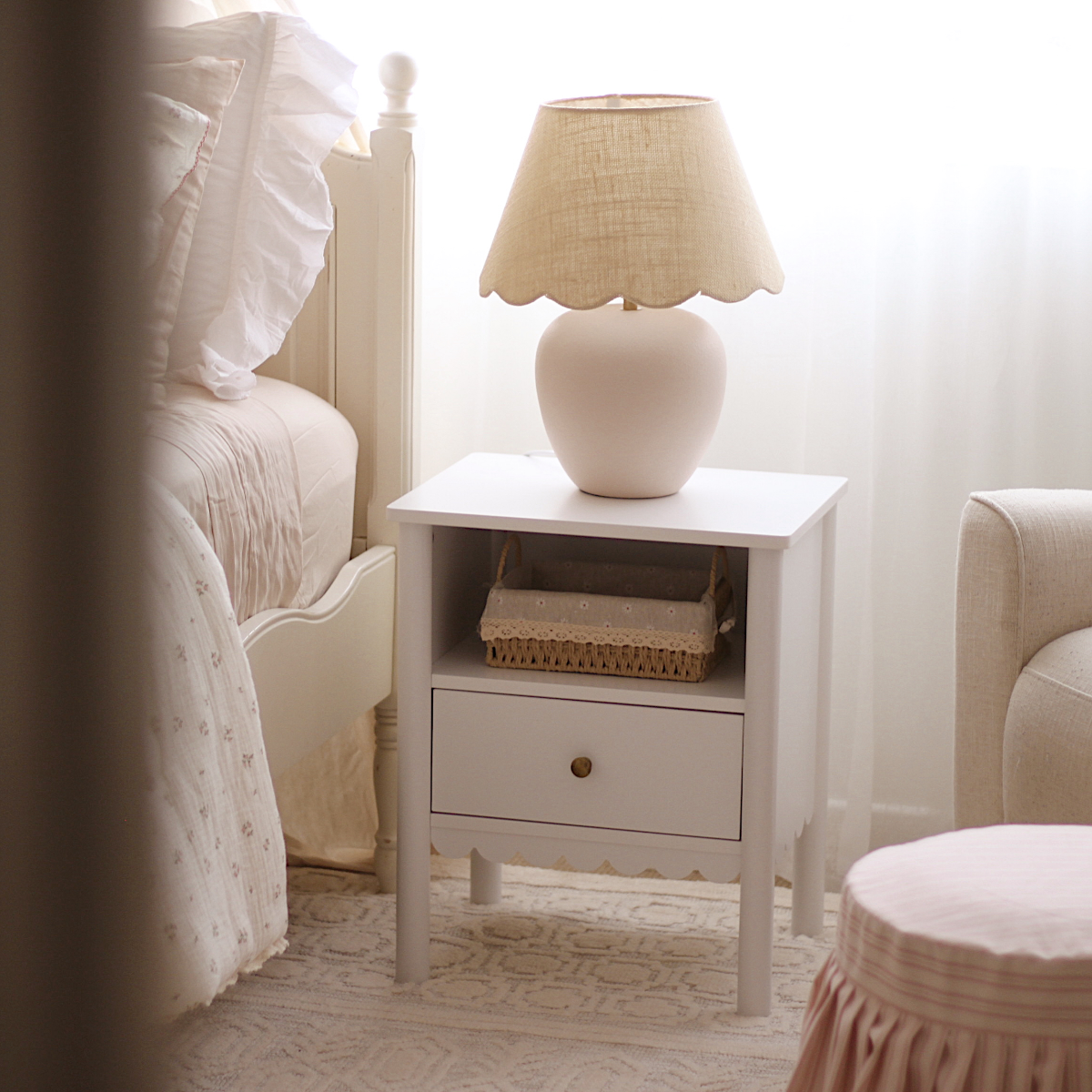 Maisie Scalloped Bedside Table - White - Mocka New Zealand