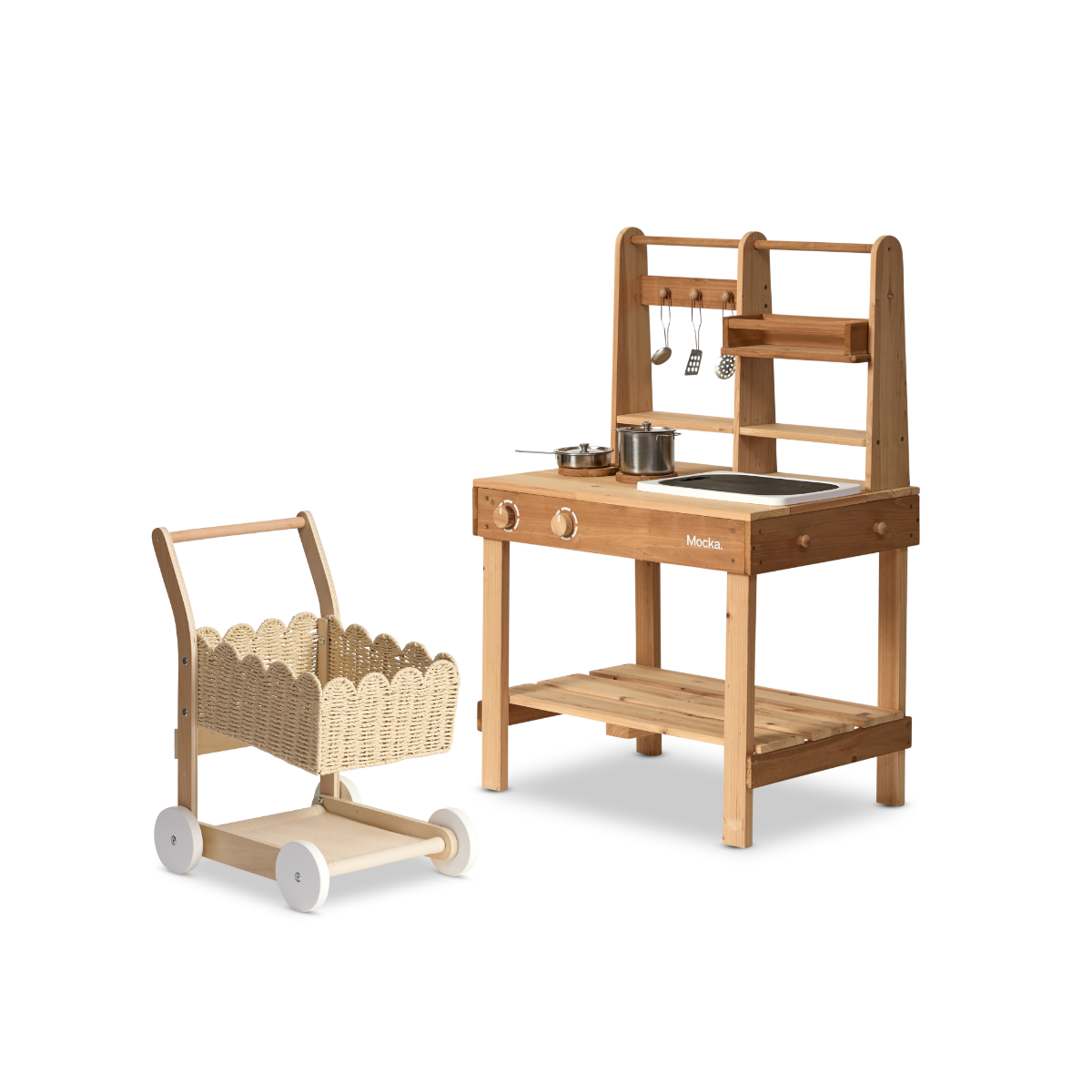 The Sensory Play Bundle - Messy Mud Kitchen and Basket Shopping Trolley - Mocka New Zealand