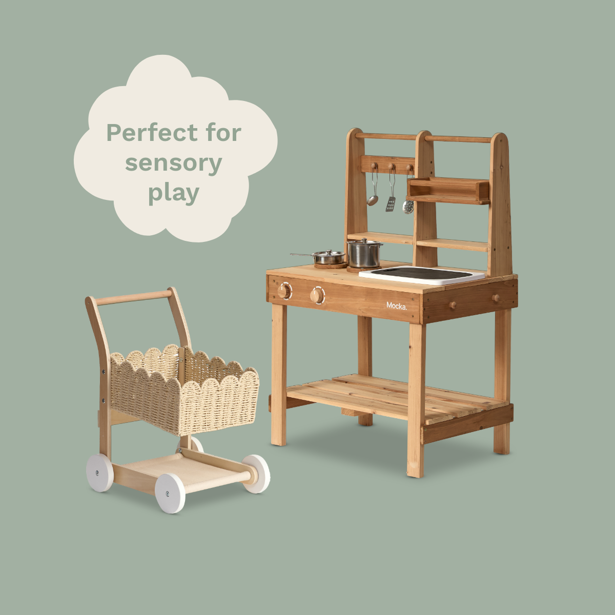 The Sensory Play Bundle - Messy Mud Kitchen and Basket Shopping Trolley - Mocka New Zealand