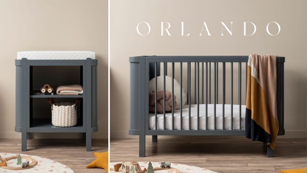 Orlando Change Table and Cot, available  in Charcoal, White & Toddler Bed Conversion.