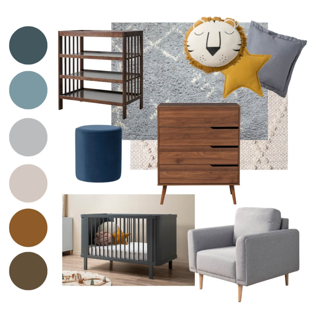 Shop the Winter Mood. Featured products: Vermont Change Table, Romi Floor Rug in Cream, Lexa Floor Rug, Orlando Cot in Charcoal, Ashford Armchair, Velvet Ottoman in Petrol Blue, Edmond Four Drawer, Lion Knitted Cushion, Star Knitted Cushion, Linen Cushion.